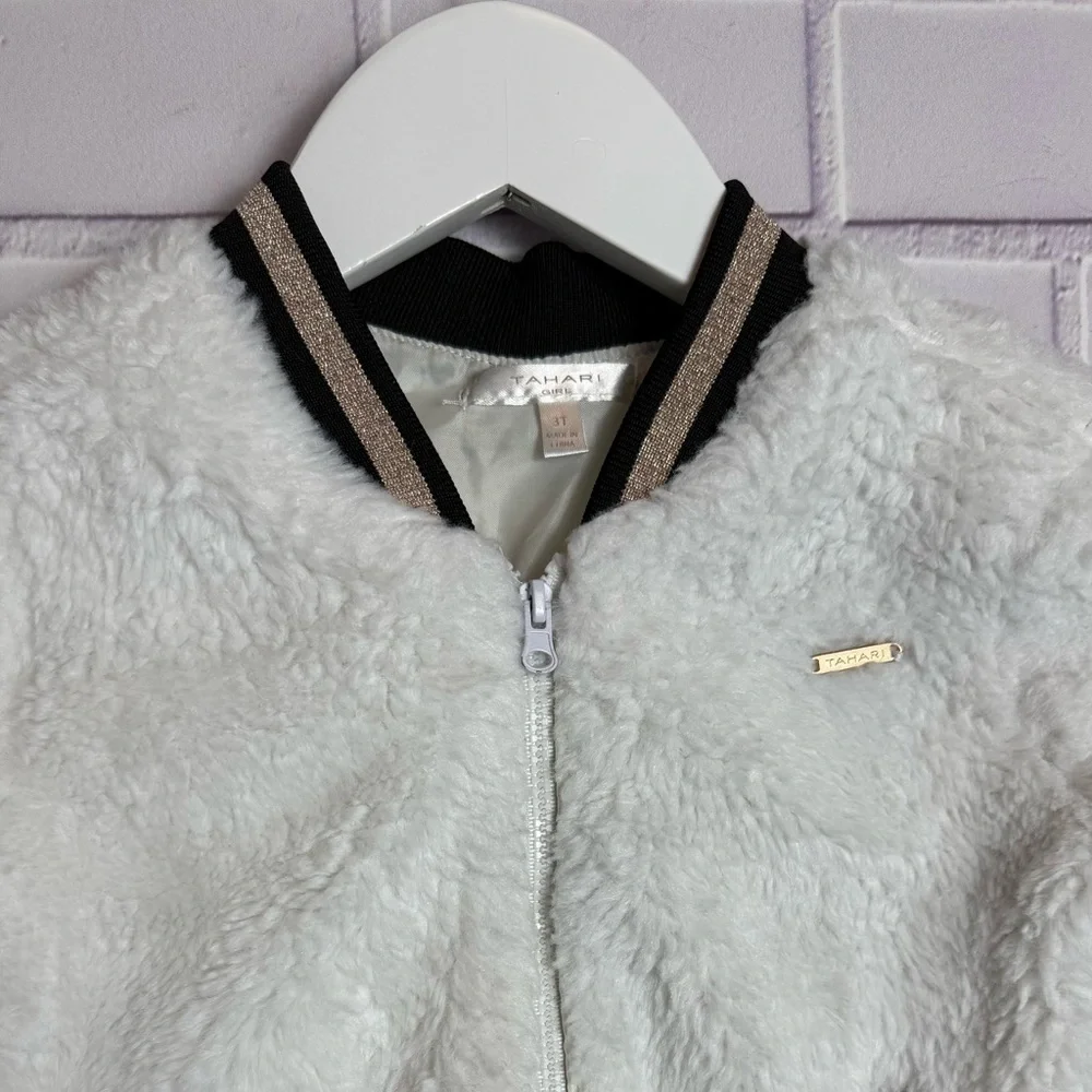 Tahari Baby Girl Sherpa Bomber Jacket Size 3T, White & Gold Trim
